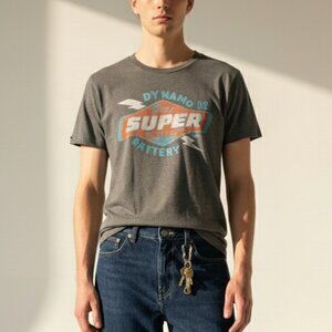 SUPERDRY JAPAN Gray Graphic Tee L Dynamo Retro Hip Hop Industrial Grunge Punk